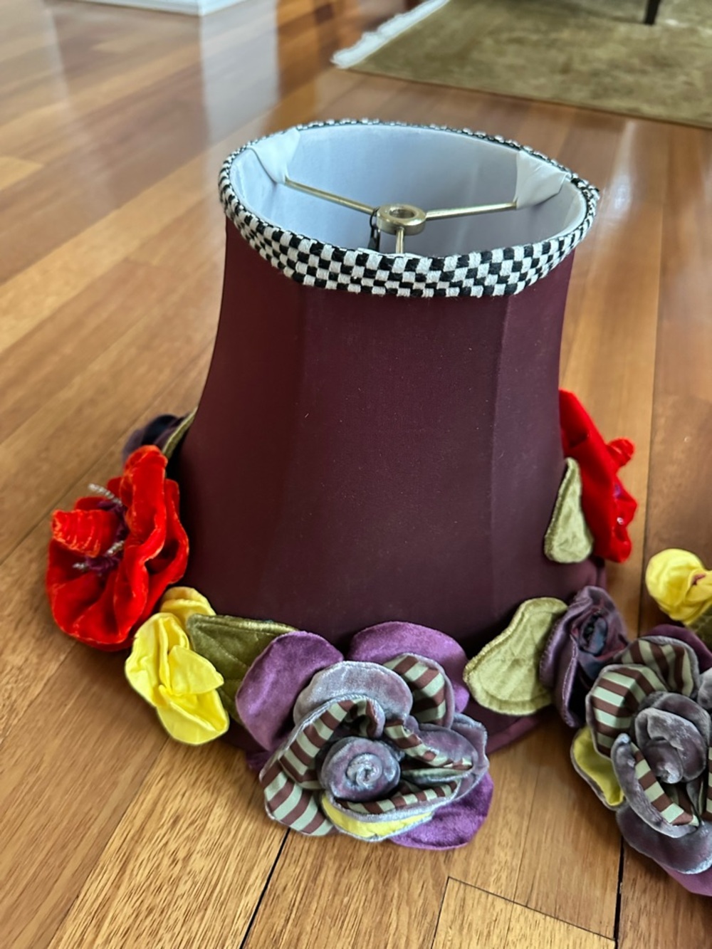 MacKenzie-Childs Plum Lampshade with Multicolor Velvet Flowers and Check Trim
